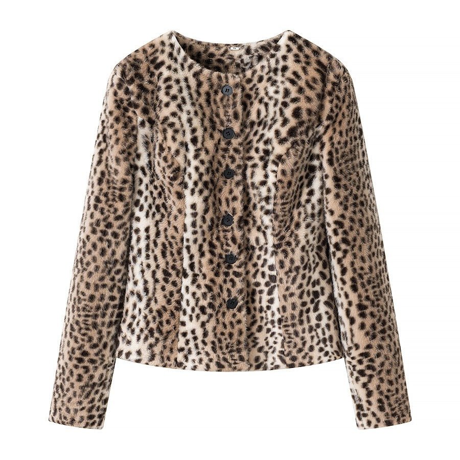Damen Kurzjacke aus Kunstfell mit Leopardenmuster und Knopfleiste Drune