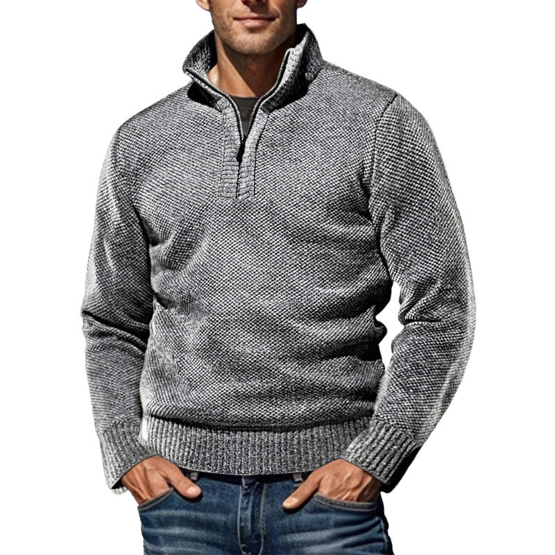 Herren nan grobgestrickter Strickpullover mit halbem Reißverschluss und hohem Stehkragen Drune