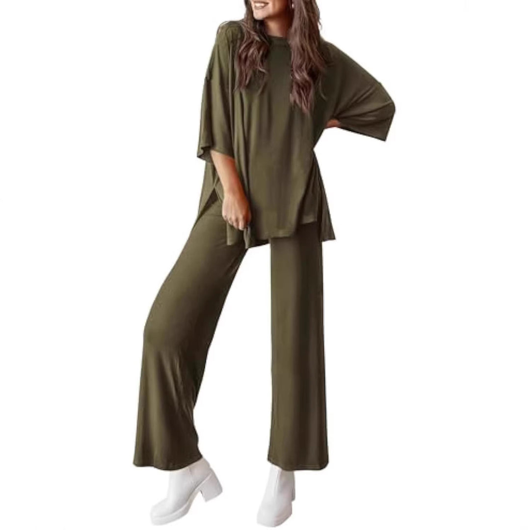 Damen Lässiges Lounge-Set aus weichem Jersey mit Oversize-Tunika und weiter Palazzo-Hose Drune