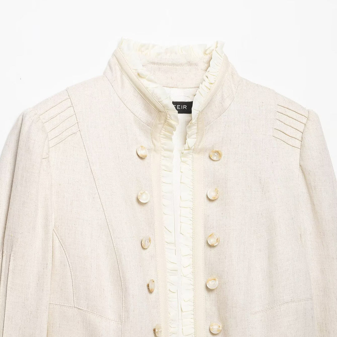 Damen Cropped Jacke mit Stehkragen, Biesenärmeln und Rüschenblende Drune