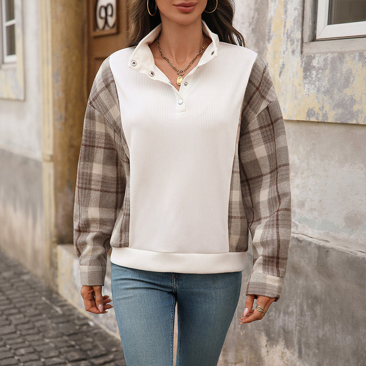 Damen Sweatshirt mit Stehkragen, Druckknopfleiste und karierten Flanellärmeln Drune
