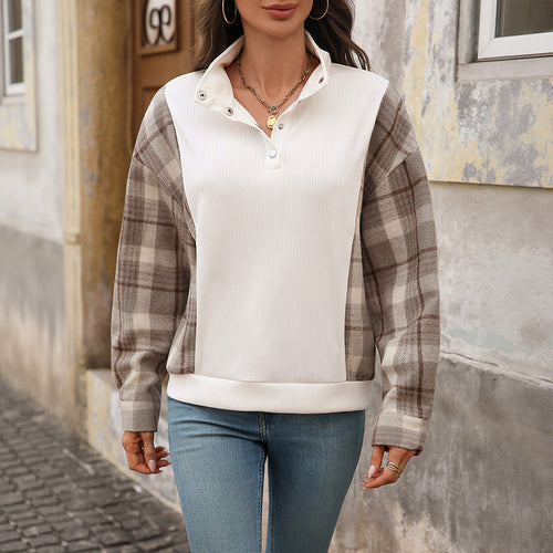 Damen Sweatshirt mit Stehkragen, Druckknopfleiste und karierten Flanellärmeln Drune