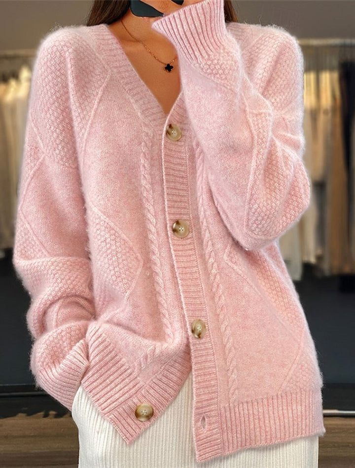 Damen nan Oversize Strickcardigan mit Zopfmuster V-Ausschnitt und Perlmuttknöpfen Drune