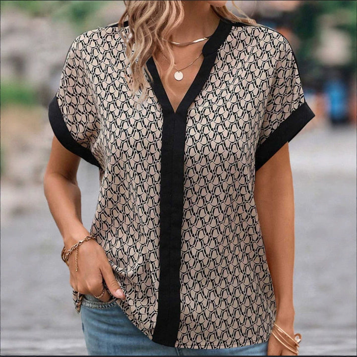 Damen nan leichte kastige Bluse in Krepp-Optik mit V-Ausschnitt und Kontrastpaspel Drune