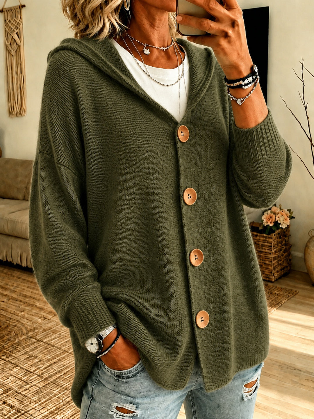 Damen Kapuzen-Cardigan Oversize mit Holzknöpfen und Rippbündchen Drune