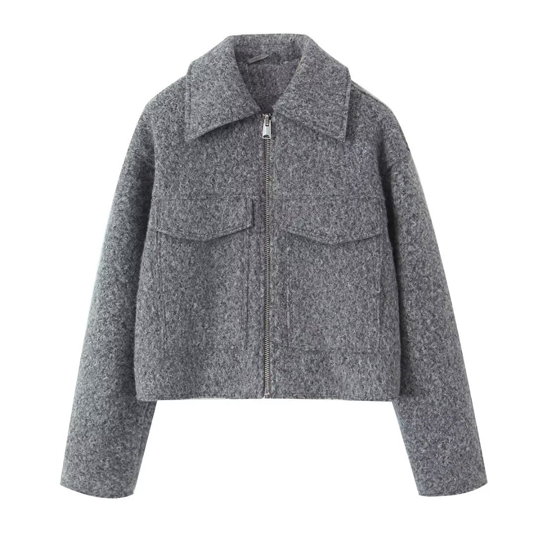 Damen nan kurzgeschnittene kastige Wollmix Jacke mit Reißverschluss Hemdkragen und aufgesetzten Pattentaschen Drune