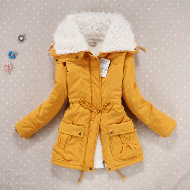 Damen nan taillierter Thermo-Parka mit Sherpa-Kapuze, verstellbarem Taillenzug und großen Pattentaschen Drune