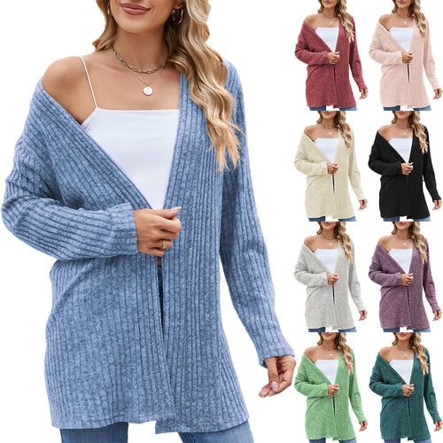 Damen elegante Strickjacke mit offenem Design und feiner Rippenstruktur Drune