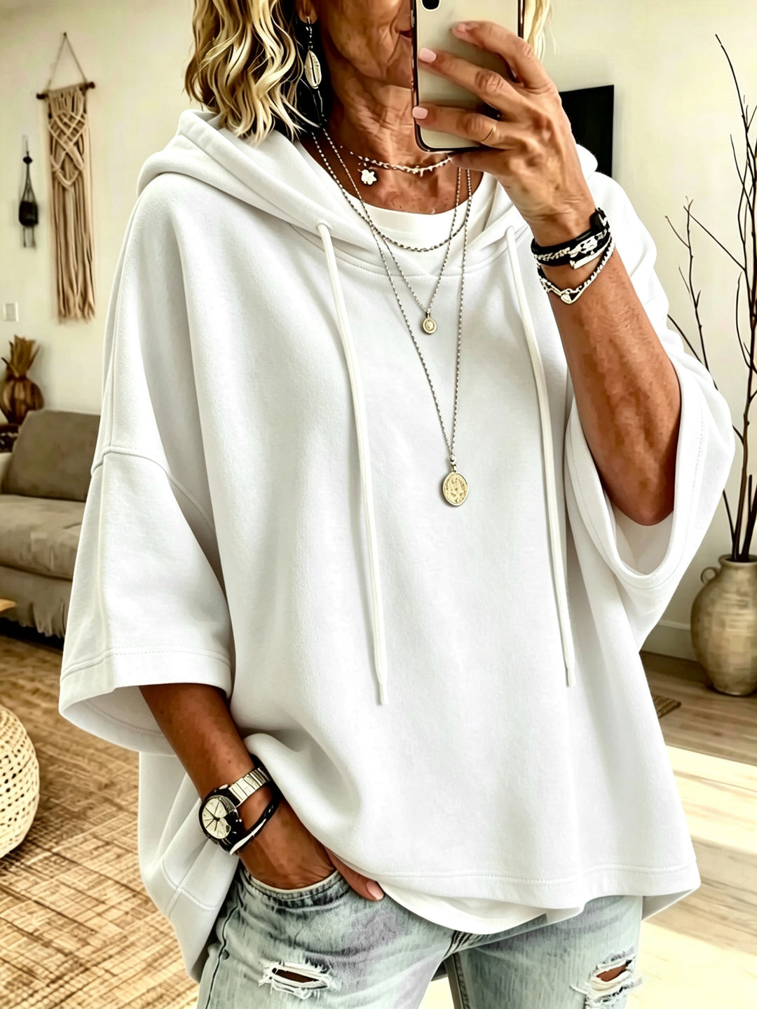 Damen Kurzarm-Oversize-Hoodie mit Kapuze und Kontrastkordel Drune