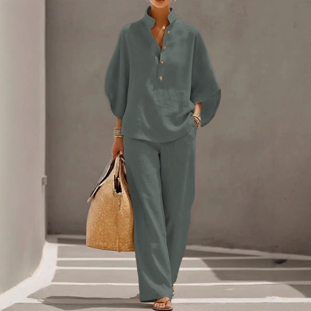Damen Lockeres Leinenoptik-Zweiteiler mit Stehkragenbluse und weitem Palazzo-Hose Drune