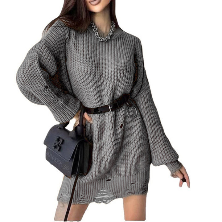 Damen Oversize Grobstrick-Minikleid mit Destroy-Effekt und Rundhalsausschnitt Drune
