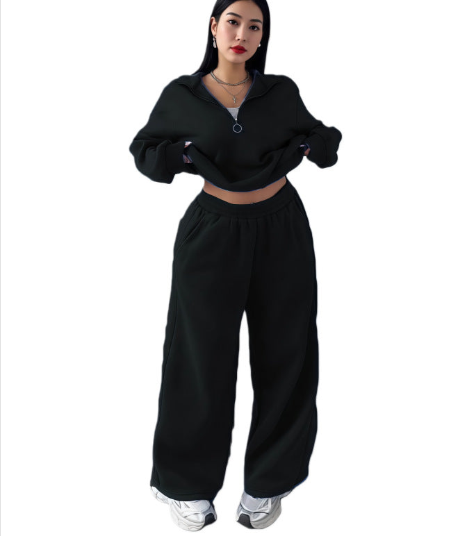 Damen Cropped Oversize-Sweatshirt mit halbem Reißverschluss und weite High-Waist Jogginghose Set Drune