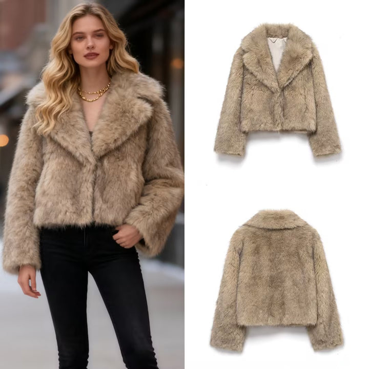 Damen Kurz geschnittener Faux-Fur-Mantel mit weitem Reverskragen Drune