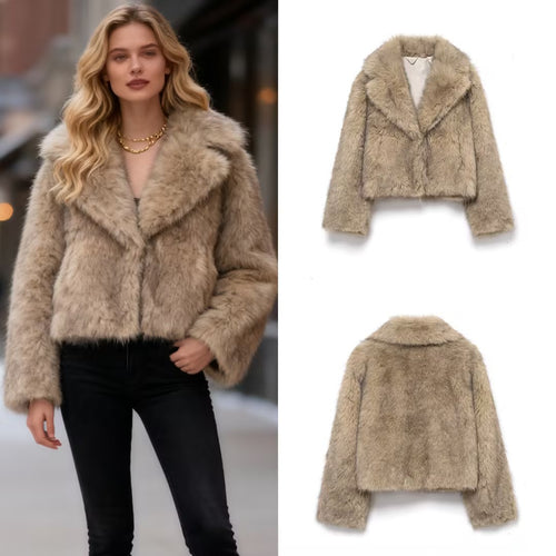 Damen Kurz geschnittener Faux-Fur-Mantel mit weitem Reverskragen Drune