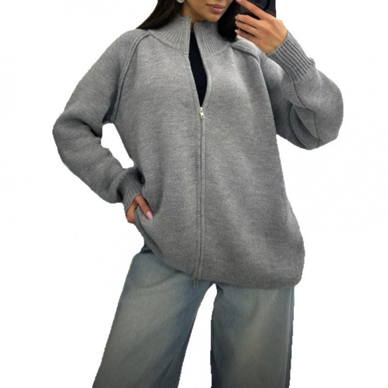 Damen Stehkragen Strickjacke mit Reißverschluss Drune