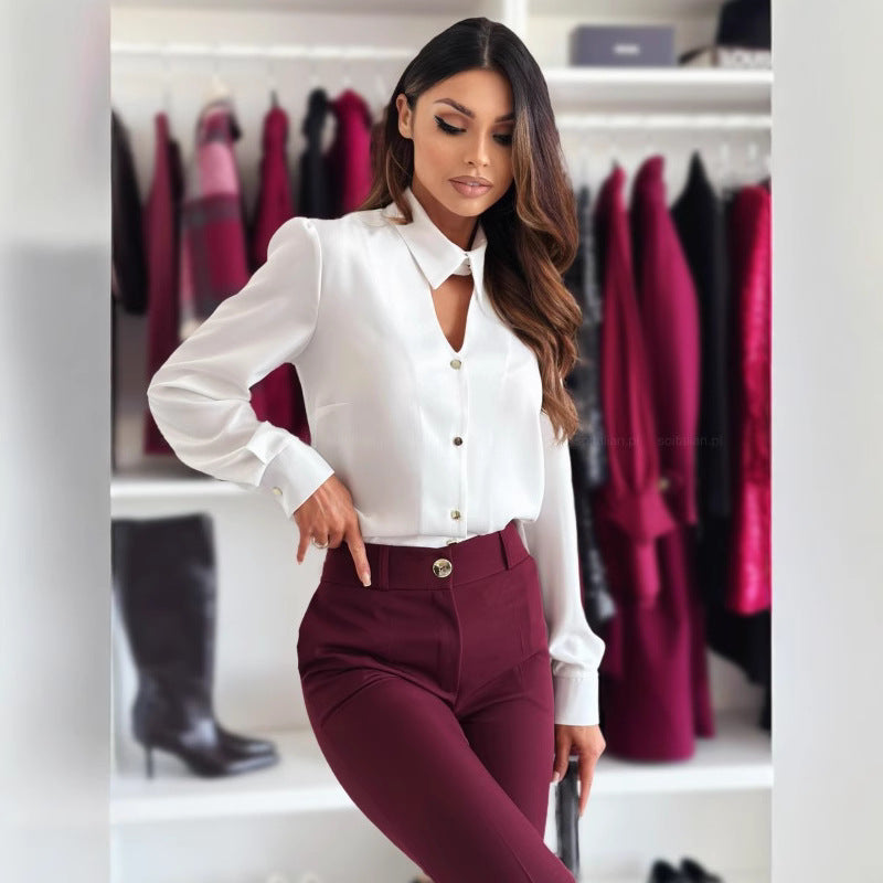 Damen elegante Chiffonbluse mit dekorativen Knöpfen und Stehkragen Drune
