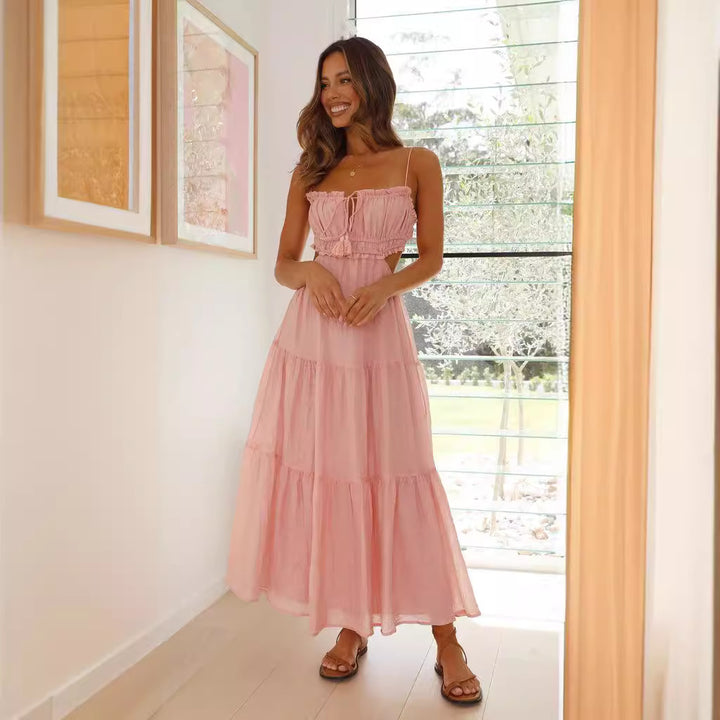 Damen Maxi-Hängemattenkleid mit Raffung und Spitzenakzenten Drune