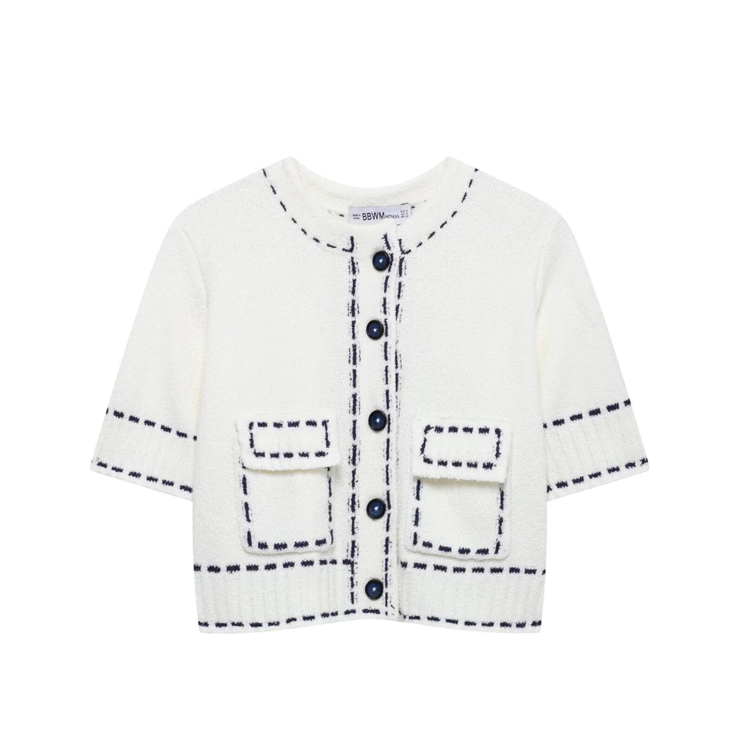 Damen Strukturierter Kurzarm Geschnittene Strickjacke Drune