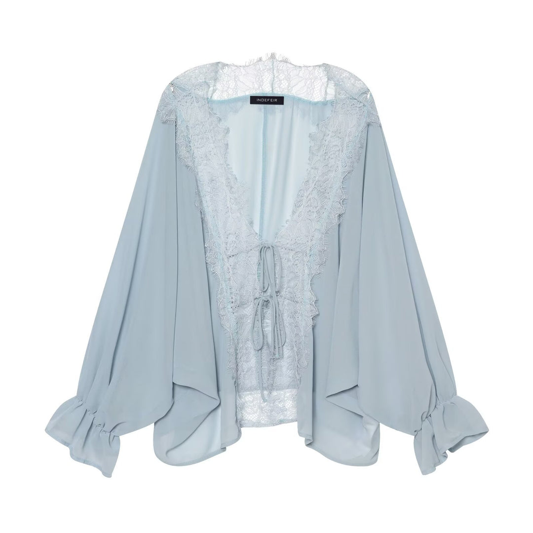 Damen Kaftan-Bluse mit Spitzenkante, Bindeband und Ballonärmeln Drune