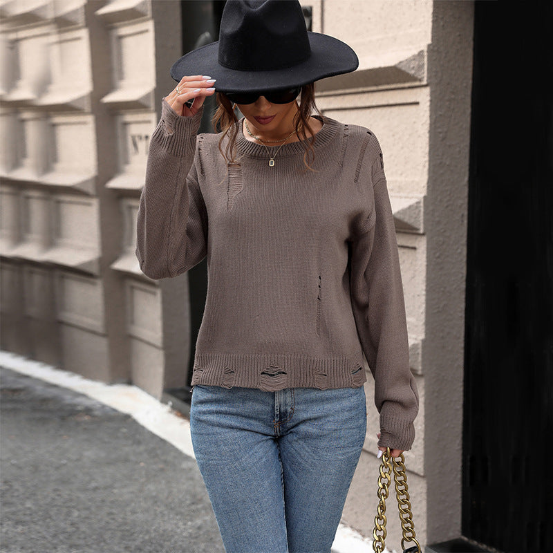 Damen Oversize Strickpullover im Destroyed‑Look mit rundem Halsausschnitt Drune