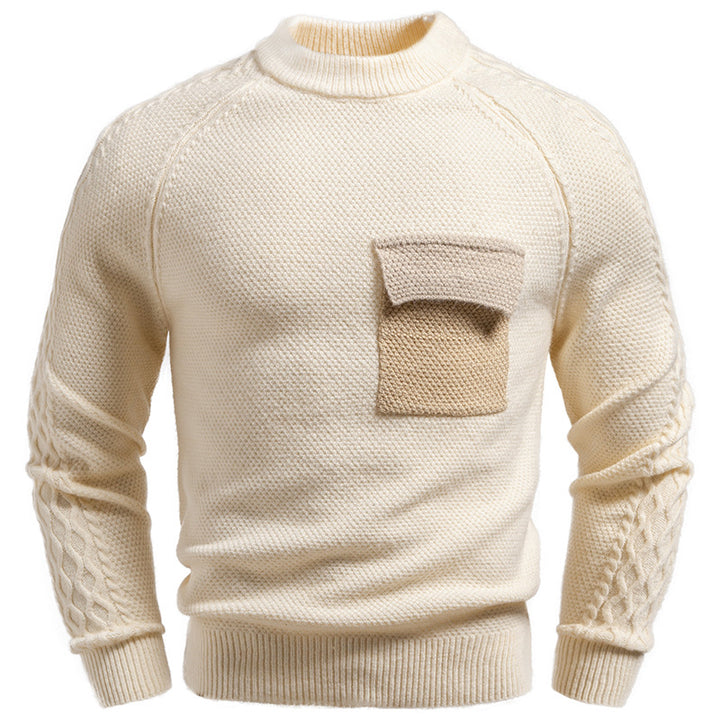Herren Pullover aus Strukturstrick mit Rundhals, aufgesetzter Brusttasche und Zopfmuster-Ärmeln Drune