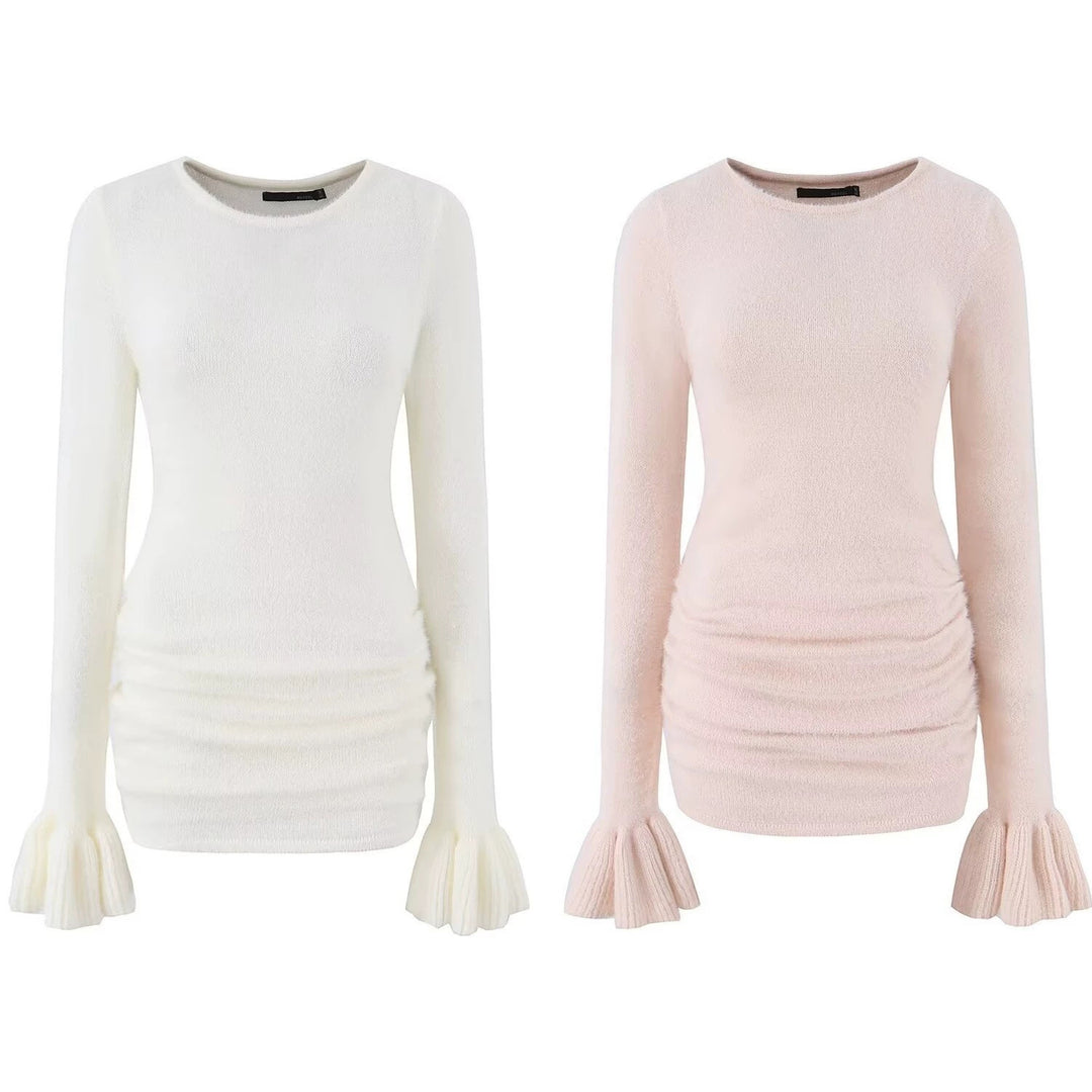 Damen Figurbetonter Feinstrick-Pullover mit geraffter Taille und Volantärmeln Drune