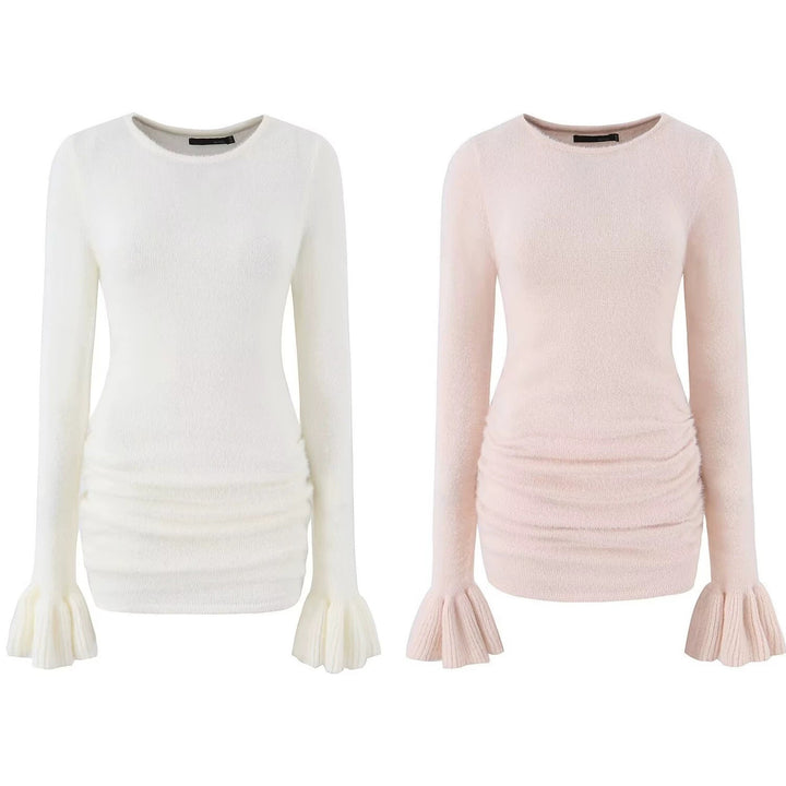 Damen Figurbetonter Feinstrick-Pullover mit geraffter Taille und Volantärmeln Drune