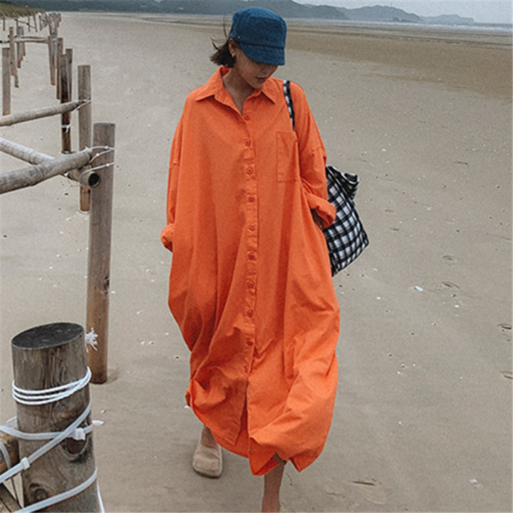 Damen Oversize-Hemdmaxikleid mit durchgehender Knopfleiste und weitem Fall Drune