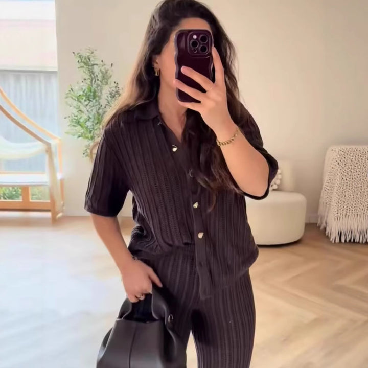 Damen nan weite Strickhose mit hohem Elastikbund, Strukturstrick und Palazzo-Schnitt Drune