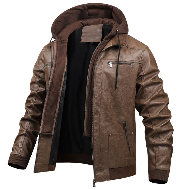 Herren Modische Kunstlederjacke mit abnehmbarer Kapuze Drune