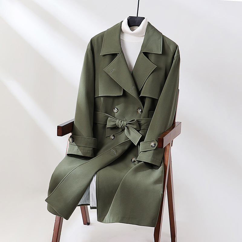 Damen Langer taillierter Trenchcoat mit weitem Schalkragen und Bindegürtel Drune