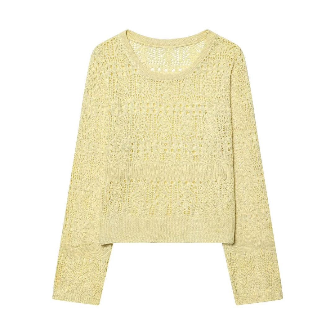 Damen Feinstrick-Openwork-Pullover mit Rundhalsausschnitt und filigranem Lochmuster Drune