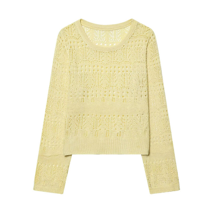 Damen Feinstrick-Openwork-Pullover mit Rundhalsausschnitt und filigranem Lochmuster Drune