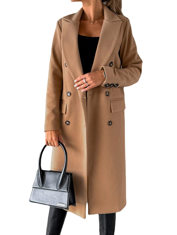 Damen nan klassischer langer Doppelreiher Mantel mit Reverskragen und Pattentaschen Drune
