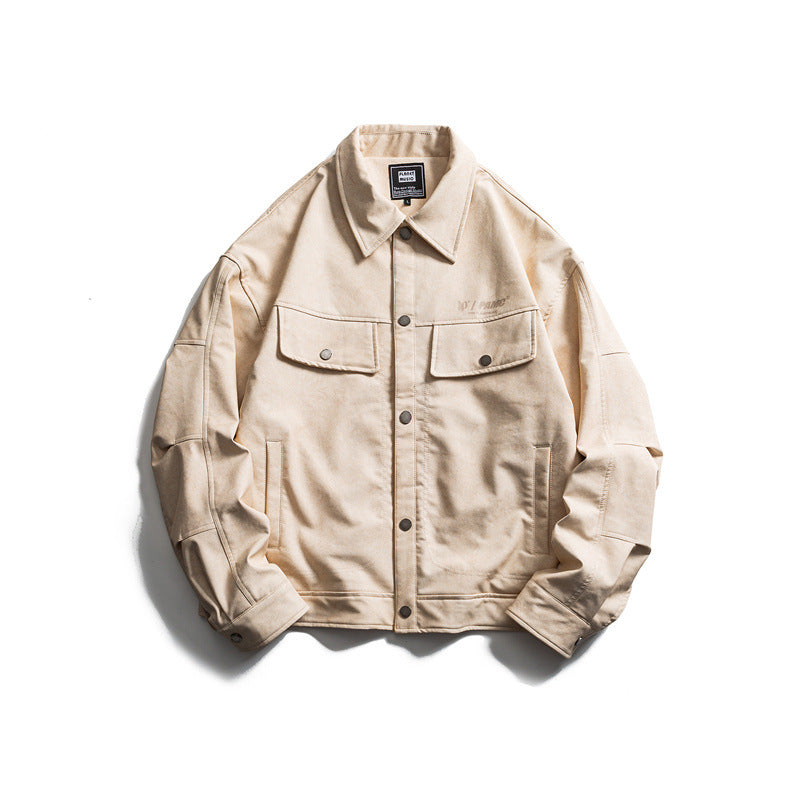 Herren Kurz geschnittener Canvas‑Trucker mit Veloursoptik, Pattentaschen und Druckknopfleiste Drune