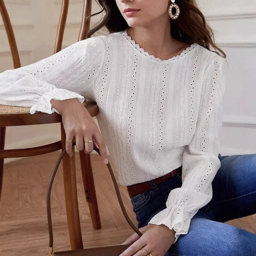 Damen elegante Bluse mit Rüschendetails und Lochstickerei Drune