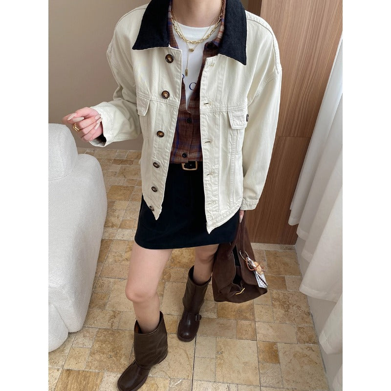 Damen lässige Jeansjacke mit kontrastierendem Kragen und funktionalen Taschen Drune