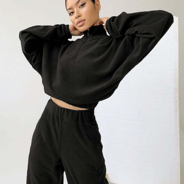 Damen kurz geschnittenes Samt-Lounge-Set mit tailliertem Zip-Hoodie und fließender Highwaist-Palazzohose Drune