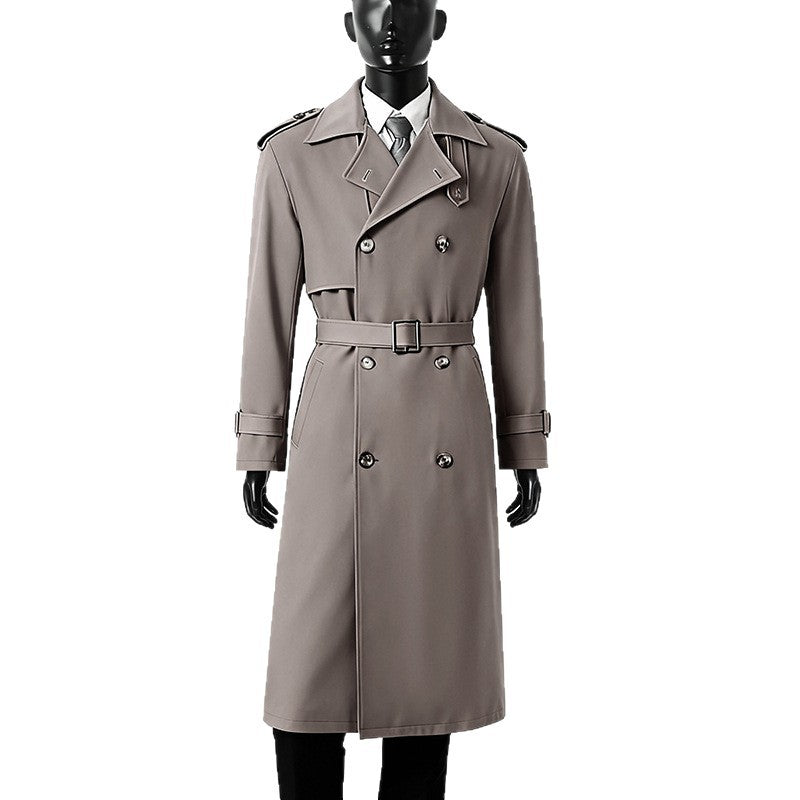 Herren Knielanger doppelreihiger Trenchcoat mit Epauletten, Sturmklappe und Manschettenriegel Drune