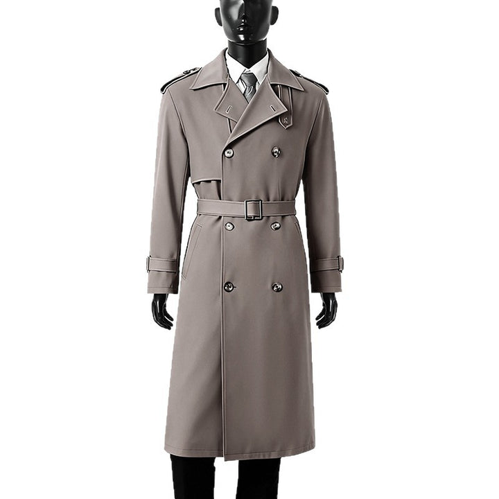 Herren Knielanger doppelreihiger Trenchcoat mit Epauletten, Sturmklappe und Manschettenriegel Drune