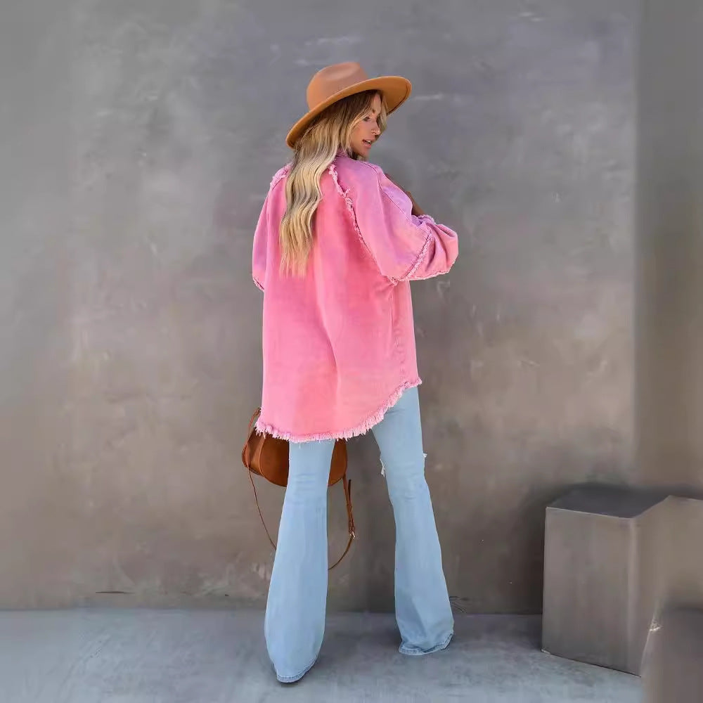 Damen lässige Overshirtjacke aus leichtem Denim mit fransigen Details Drune