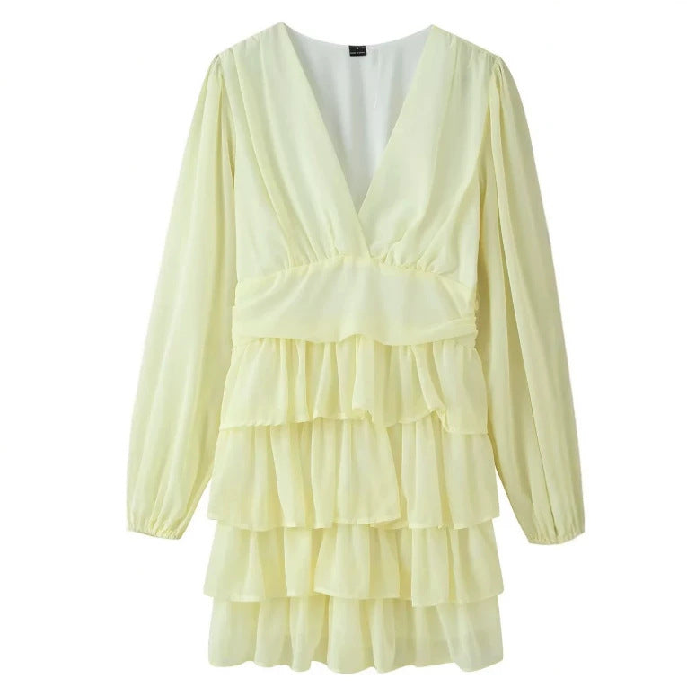 Damen volantiges Chiffon-Minikleid mit tiefem V‑Ausschnitt Drune