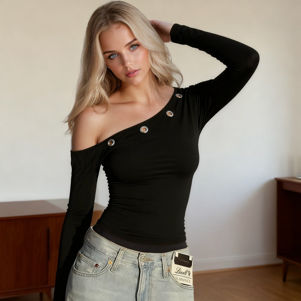 Damen Off-Shoulder Oberteil mit dekorativen Ösen Drune