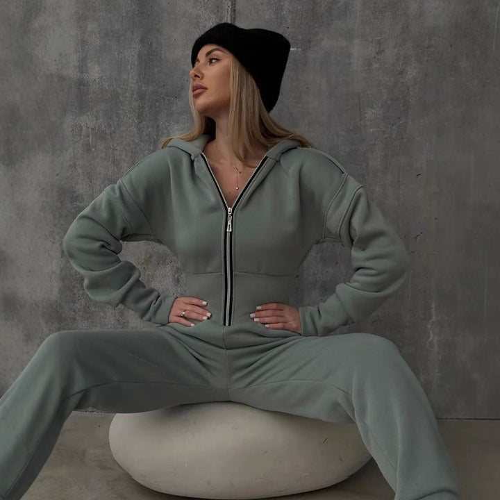 Damen Figurbetontes Kapuzen-Loungewear-Set mit tailliertem Zip-Hoodie und High-Waist Jogginghose Drune
