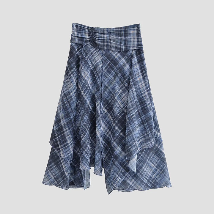 Damen Asymmetrischer Lagenrock mit hohem Falzgürtel und kariertem Chiffon Drune