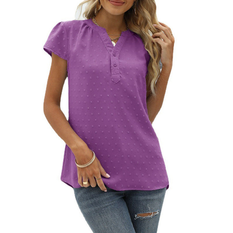 Drune | Jacquard Chiffon Locker V-Ausschnitt Kurzarm Top