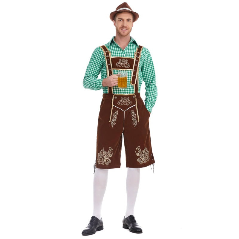 Herren nan Filzoptik-Lederhose knielang mit barocker Stickerei, verstellbaren Trägern und Dekornieten Drune