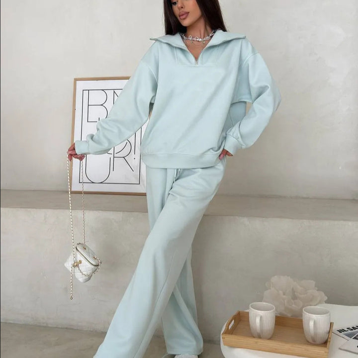 Damen Loungewear-Set mit halbem Reißverschluss und weiter Bügelfalten-Hose Drune