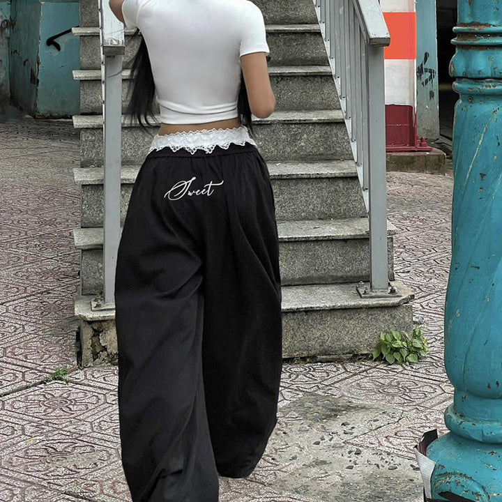 Damen Lässige Lagenhose mit Spitzenbund und Zierschleife Drune