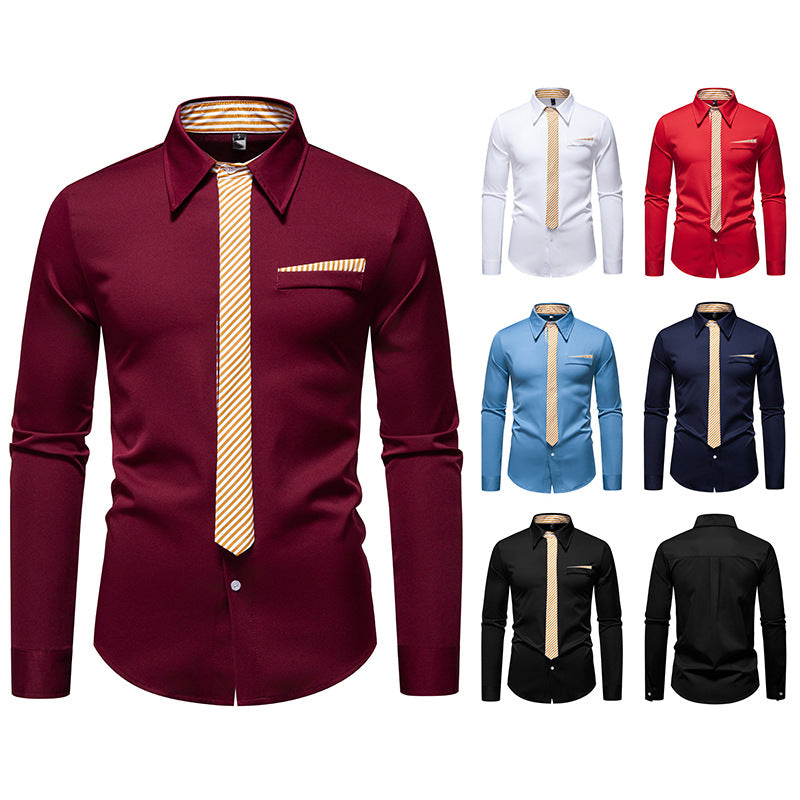 Herren Slim-Fit Businesshemd mit integrierter Krawatten-Optik und Brusttasche Drune